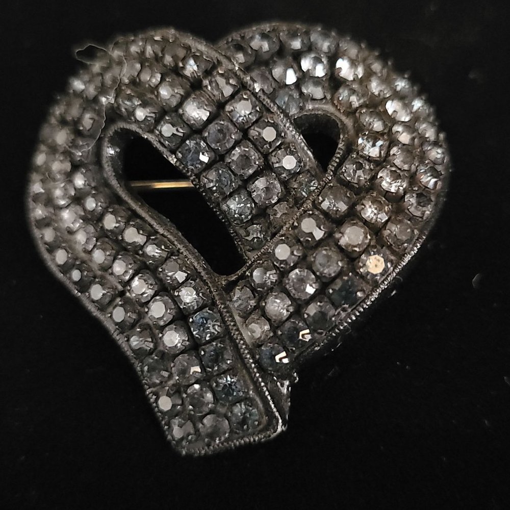 Blue Cobalt Rhinestone Heart Brooch VTG MCM Jewelry LMO Bakelite? Pin 6343
